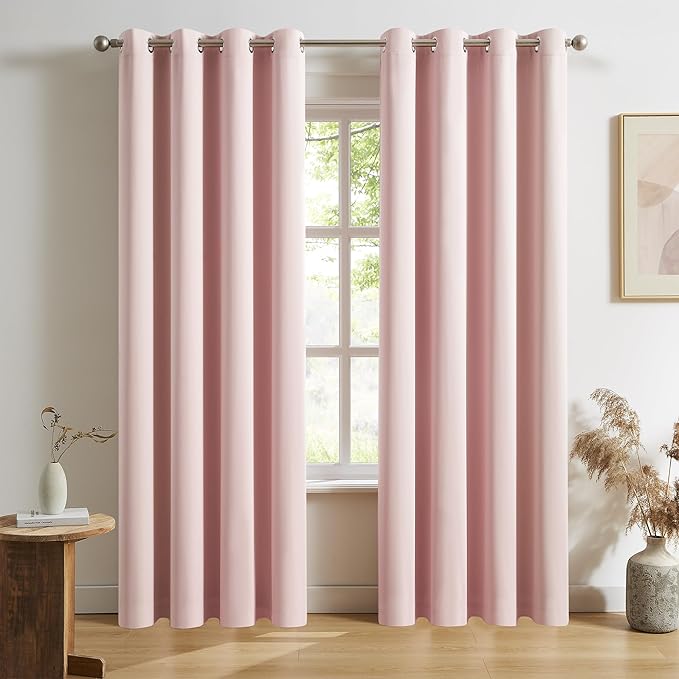 DUALIFE Blackout Curtains Baby Pink 90 Inch Length - Bedroom Black Out Drapery Room Darkening for Nursery Thermal Insulated Grommet Curtain Panel Pair 52 x 90 Inches Long, 2 Panels