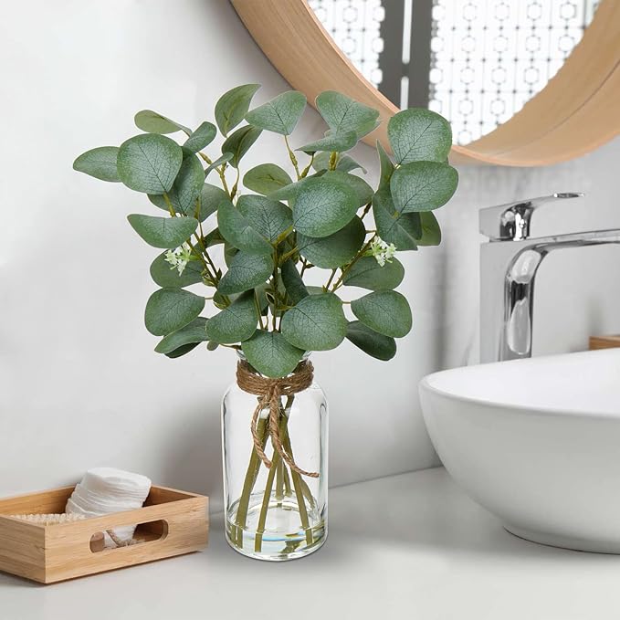 Briful Artificial Eucalyptus Stems in Glass Vase with Faux Water, 14" Fake Plant Eucalyptus Leaves for Home Bathroom Office Farmhouse Wedding Centerpiece Décor