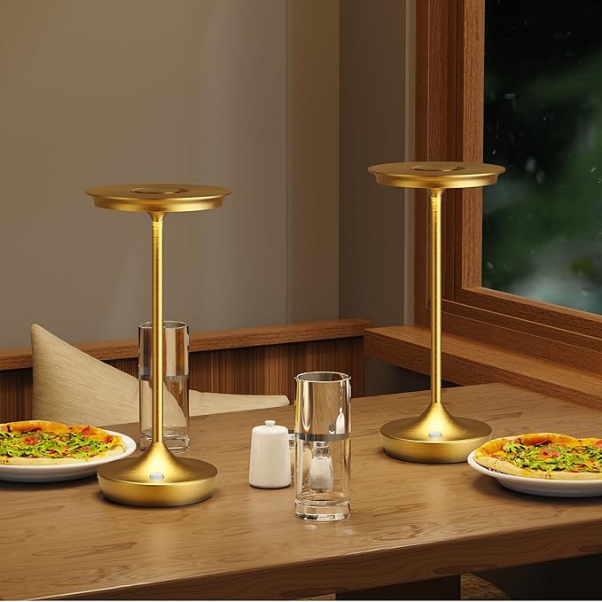 LED Cordless Table Lamps Rechargeable - Outdoor 6000mAh Battery Operated Portable Tables Light 3 Color Stepless Dimming Lamp with Memory Function for Patio Restaurant Dining Gold
