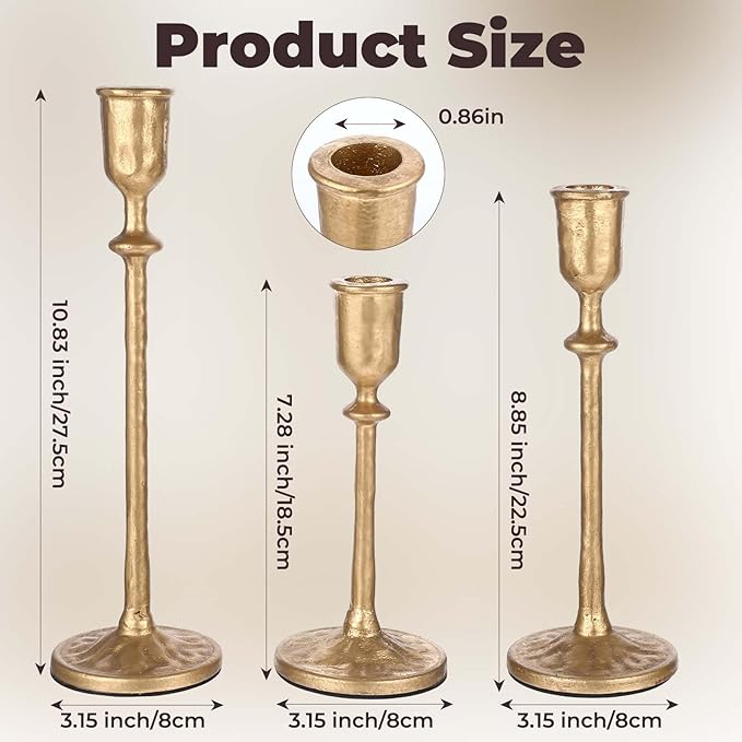 Antique Brass Iron Taper Candle Holder - Set of 3 Decorative Candle Stand, Candlestick Holder for Wedding, Dinning, Party