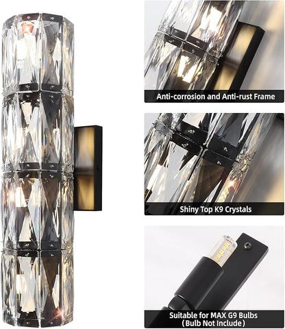 Crystal Wall Sconce,Indoor Modern Sconces Wall Lighting, Matte Black Wall Sconces for Bathroom,Bedroom,Living Room,Hallway