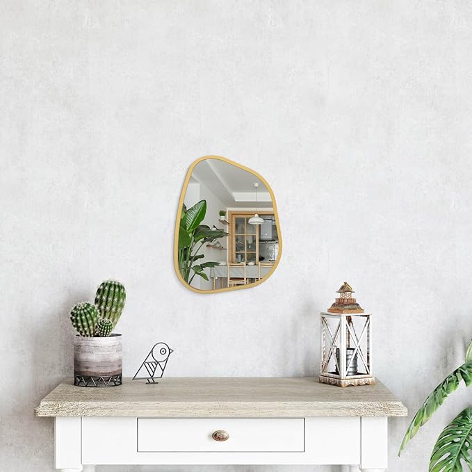 Asymmetrical Accent Mirror for Wall Irregular Oval Wood Frame Modern Unique Wall Mirror Decorative Vanity Bathroom Living Room Bedroom Entryway Hallway Artistic Mirror Small Gold 14"x10"