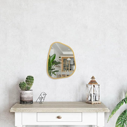 Asymmetrical Accent Mirror for Wall Irregular Oval Wood Frame Modern Unique Wall Mirror Decorative Vanity Bathroom Living Room Bedroom Entryway Hallway Artistic Mirror Small Gold 14"x10"