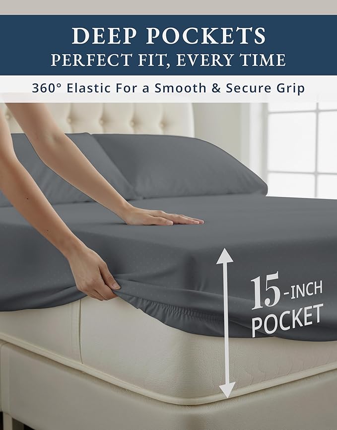 100% Egyptian Cotton King Bed Sheets – Silky Sateen Weave for All Season Comfort, 15" Deep Pocket King Sheets Set, OEKO-TEX Certified, Fade Resistant, Durable Hotel Comfort at Home -Swiss Dot Charcoal