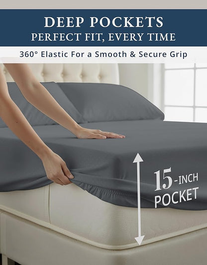 LANE LINEN 100% Egyptian Cotton Sábanas Full Size, Soft & Comfy Natural Cooling Mercerized Cotton Sheets Full Size, No Pill Fade Resistant 15" Deep Pocket Jaquard Swiss Dot - Charcoal