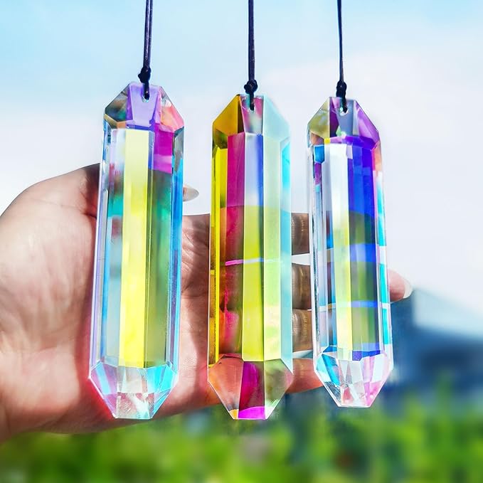 HDCRYSTALGIFTS 3 Pack 5" Large Crystal Sun Catcher Prisms for Windows, AB Colored Suncatcher Crystals Window Indoor Hanging Rainbow Maker Prisms for Home Garden Christmas Tree Decor