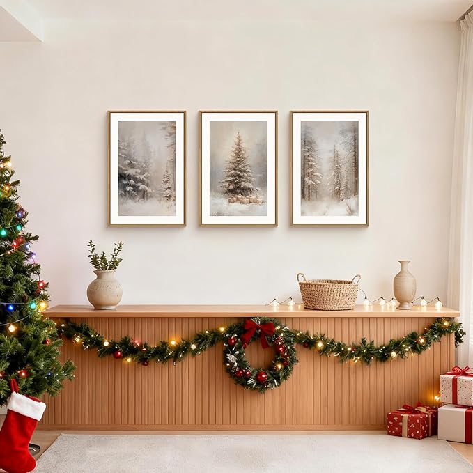 Winter Snowy Forest Landscape Framed Canvas Wall Art Set,Modern Woodland Frosty Scenery Wall Decor,Nature Snow Covered Pine Tree Botanical Artwork for Living Room, Bedroom,Farmhouse- 16"x24"x3