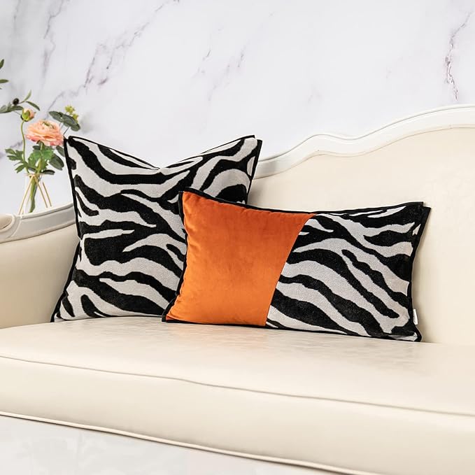 Yangest Black Square Pillow Cover Cut Velvet Zebra Print Cushion Cover Luxury Modern Pillowcover for Couch Living Room Bedroom,18x18 Inch