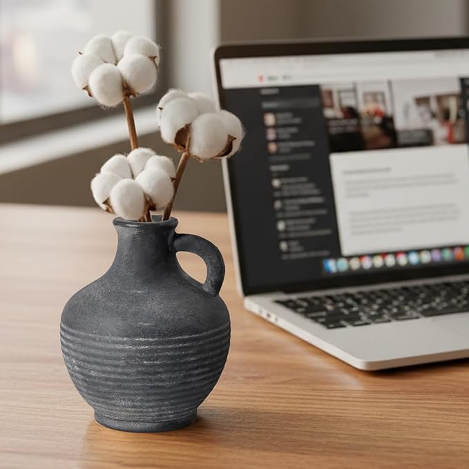 Black Ceramic Vase, Rustic Farmhouse Vase with Handle, 6 inch Terracotta Clay Small Vases, Centerpieces for Dining Table, Living Room, Bedroom, Entryway, Shelf Decor