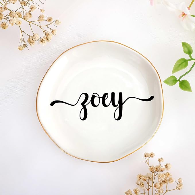 JoycuFF Zoey Personalized Name Ceramic Jewelry Tray, Mothers Day Christmas Anniversary Engagement Birthday Gifts for Women Couples, Trinket Dish for Rings Earrings Necklaces Bracelets Keys