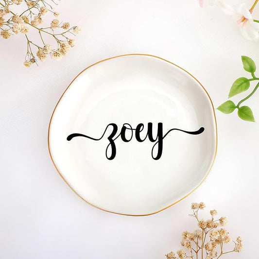 JoycuFF Zoey Personalized Name Ceramic Jewelry Tray, Mothers Day Christmas Anniversary Engagement Birthday Gifts for Women Couples, Trinket Dish for Rings Earrings Necklaces Bracelets Keys