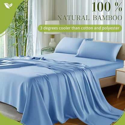 Shilucheng 100% Viscose Derived from Bamboo_ Sheets Cal King Size 4pcs - Ultra Cooling & Silky Soft Bed Sheets, 16" Deep Pocket, Perfect for Hot Sleepers, Hotel Bedding Sheets(Lake Blue)