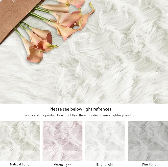 White Small Circle Fluffy Rugs for Bedroom Washable Faux Sheepskin Shaggy Fur Area Rugs for Living Room Round Rug 4ft Nursery Rug
