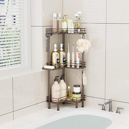 Consumest Corner Shower Caddy Standing - 3-Tier Stainless Steel Shower Organizer with Soap Holder and 4 Hooks, Large Capacity Corner Shelf Stand for Bathroom, Rest Room, Bronze