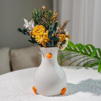 Handcrafted White Ceramic Duck Vase - Cute Animal-Themed Round Table Vase | Trendy Funky Art Decor for Fresh Flowers, Utensils & Accessories | Handcrafted Gift for Home Bedroom Office Decor