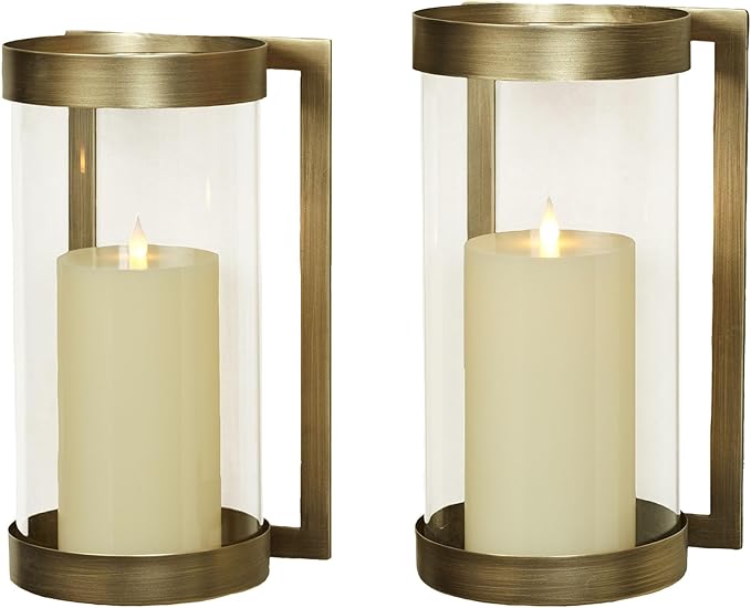 Crosce Satin Brass Metal Wall Sconce Pair | Set of Two | Candleholder Sconces for Bedroom Living Room, Bathroom, Hallway, Entryway | Hurricane Style Glass