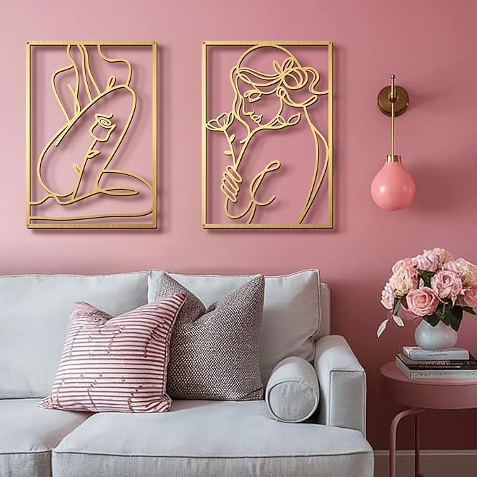 Bakovity Gold Metal Wall Art, Abstract Flower Line Sculpture, Gold Minimalist Modern Wall Decor for Living Room, Bedroom, Bathroom (4 Pieces, 22.5 x 15.7 Inches)