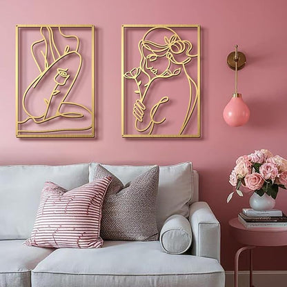 Bakovity Gold Metal Wall Art, Abstract Flower Line Sculpture, Gold Minimalist Modern Wall Decor for Living Room, Bedroom, Bathroom (4 Pieces, 22.5 x 15.7 Inches)