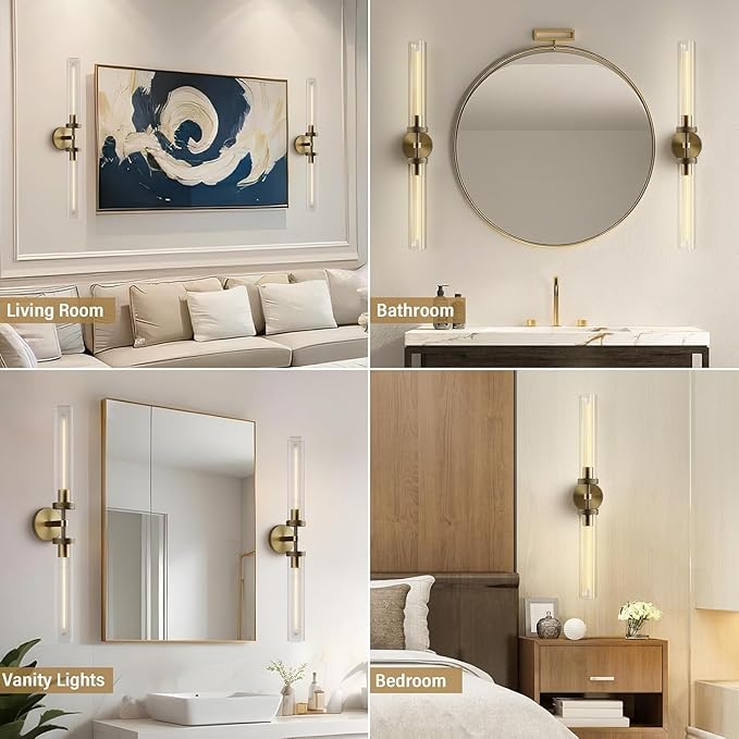 Brass Wall Sconces Set of 2, Bathroom Sconces Wall Lighting, Gold Sconces Wall Lighting with Clear Glass Wall Lamp,Wall Mount Lamps Wall Lights for Vanity Light Bedroom Living Room Hallway