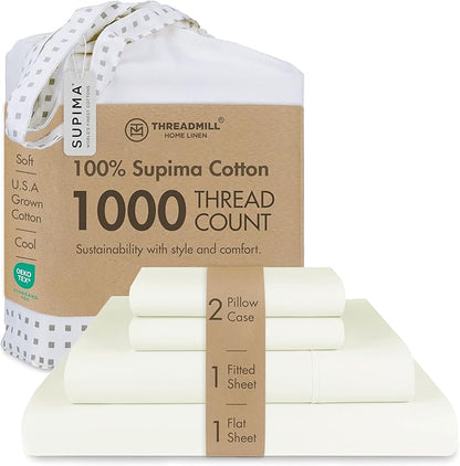 Threadmill Certified 100% American Supima Cotton Sheets, California King Sheet, 1000 Thread Count Hotel Quality Sateen Weave, 4 Pc Luxury Bed Sheet Set, Ivory Sheets with Elasticized Deep Pocket