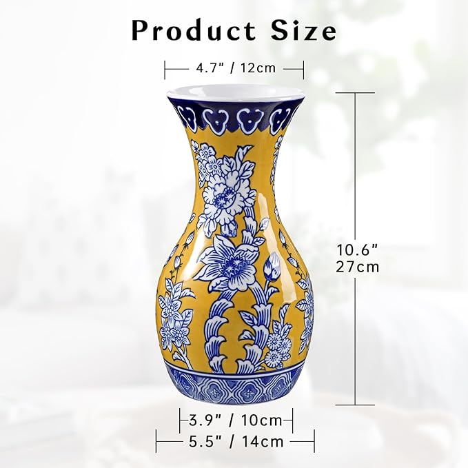 Blue and Yellow Ceramic Vase, 11" Tall Chinoiserie Vase in Wide Mouth, Royal-Inspired Vintage Flower Vases Decorative Vases for Home Decor, Table Centerpiece, Living Room, Dining Room, Entryways Decor