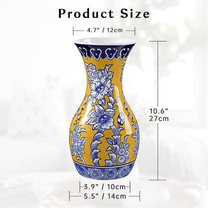 Blue and Yellow Ceramic Vase, 11" Tall Chinoiserie Vase in Wide Mouth, Royal-Inspired Vintage Flower Vases Decorative Vases for Home Decor, Table Centerpiece, Living Room, Dining Room, Entryways Decor