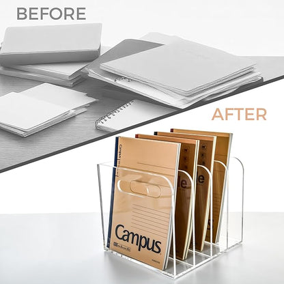 4 Vertical Compartments Clear Acrylic Magazine & File Holder – Multipurpose Desk Organizer for Office, Tablets, Magazines, Books – Documents/Home/Classroom Rack