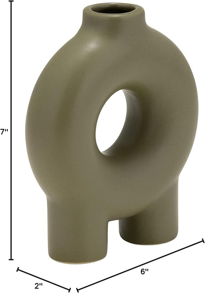 Modern Geometric Ceramic Vase – Stoneware Flower Holder with Unique Circular Design – Decorative Accent for Home Decor, Living Room, Bedroom, Office, Shelf & Table Display – 7", Olive Color