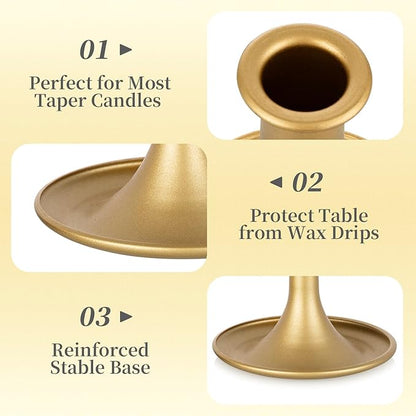Gold Taper Candle Holder Set of 6, Hewory Short Skinny Brass Candlestick Holders, Vintage Small Low Metal Candles Sticks for Wedding Centerpieces Christmas Birthday Party Holiday Dinning Table Decor