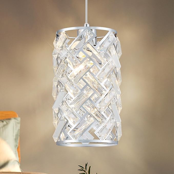 Modern Chrome Crystal Pendant Light Fixture – Adjustable Mini Chandelier Hanging Light for Kitchen Island, Dining Room, Bedroom, Hallway, or Foyer