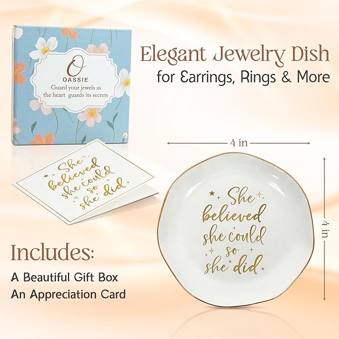 OASSIE Graduation Gifts for Her - 4"x4" Round-Shaped Ceramic Jewelry Dish Tray - Christmas Thank You Inspiration College High School Graduation Gifts for Her Friends Sister Women