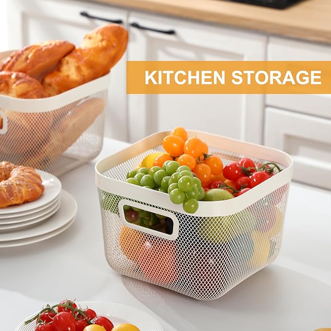 6 Pack Metal Mesh Basket with Hollow Handles White Wire Storage Bin for Organizing Stackable Metal Fine Mesh Basket for Pantry Bathroom Kitchen Cabinets Shelves
