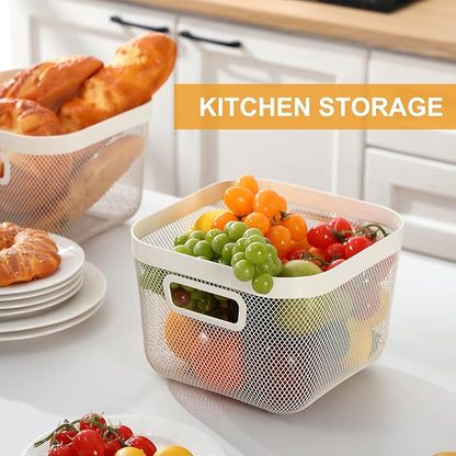 6 Pack Metal Mesh Basket with Hollow Handles White Wire Storage Bin for Organizing Stackable Metal Fine Mesh Basket for Pantry Bathroom Kitchen Cabinets Shelves