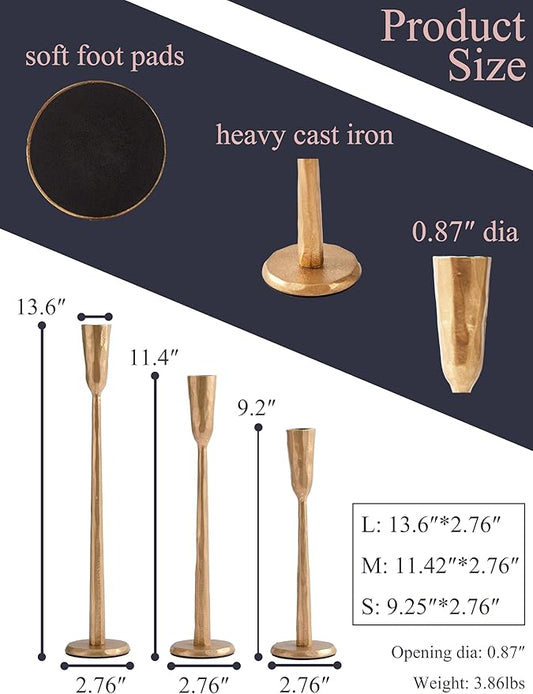 Gold Iron Taper Candle Holder Set of 3, Heavy Wrought Iron Candlestick Holders Decorative Candle Stand, Vintage Candle Holder for Wedding, Dining, Home Decoration