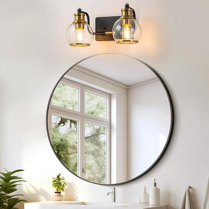 2 Light Modern Bathroom Light Fixtures Over Mirror (LED Bulbs Included), Black Gold Vanity Lights for Bathroom Wall Sconces with Clear Globe Glass Glass Shades