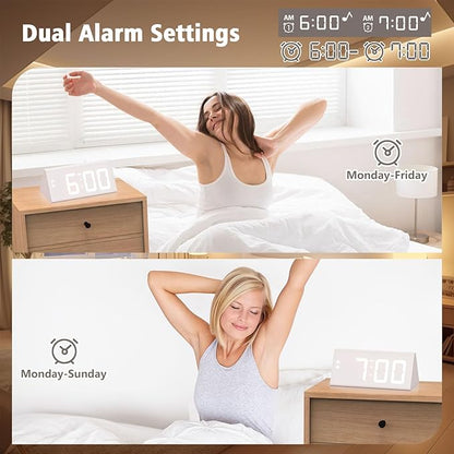 Wooden Digital Alarm Clock with Dual USB Charging Ports, DST, Dimmable, Snooze, Modern Large Time Display LED Clock for Kids Bedrooms, Living Room, Desk, Table, Bedside, Nightstand (White)