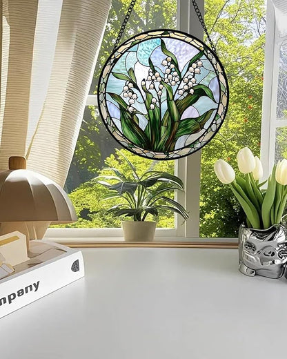 Stained Glass Window Hanging, White Green Lily of the Walley Flowers Sun Catcher for Door Home Decor Plants Suncatcher Christmas Mother's Day Birthday Gifts for Women Men Mom Nana 9.8 in