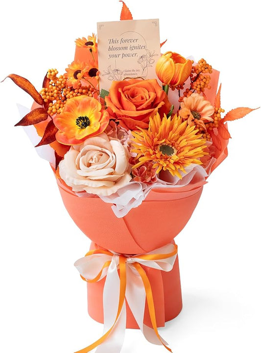 Orange Preserved Flowers Bouquet, Gift Bouquet for Women, Eternal Fake Flower Gift for Christmas Anniversary Birthday Home Décor