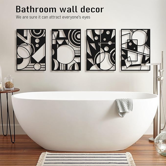 Bakovity Black Abstract Wall Art, Metal Art Wall Decor, Large Geometry Art, Modern 3D Abstract Wall Sculptures for Bedroom Bathroom Living Room (4 Pack, 22.5 x 16 in)