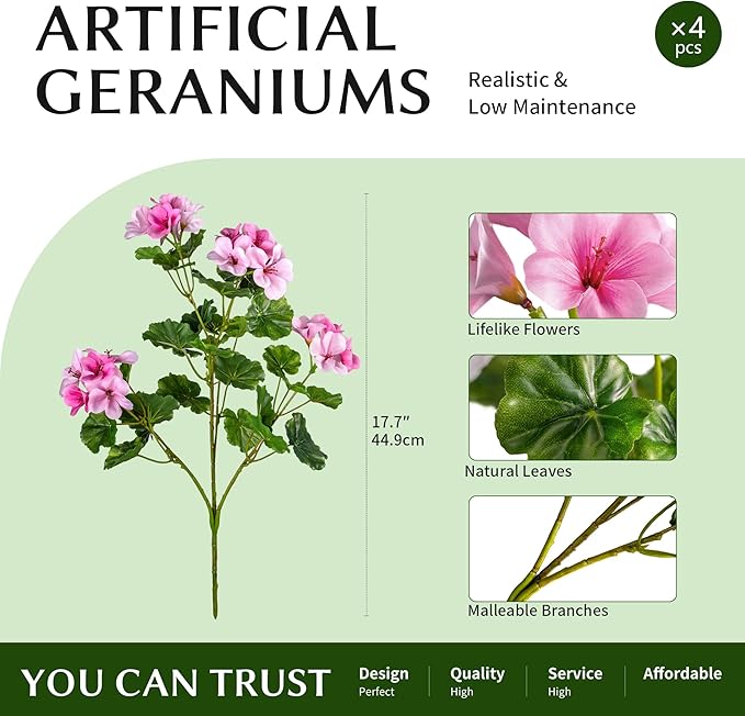 Artificial Flowers for Outdoors 17.7In Artificial Geraniums for Indoor Fake Flowers 4PCS Uv Resistant Artificial Outdoor Flowers Suitable for Indoor Home Decor Outdoor Garden Decoration,Pink