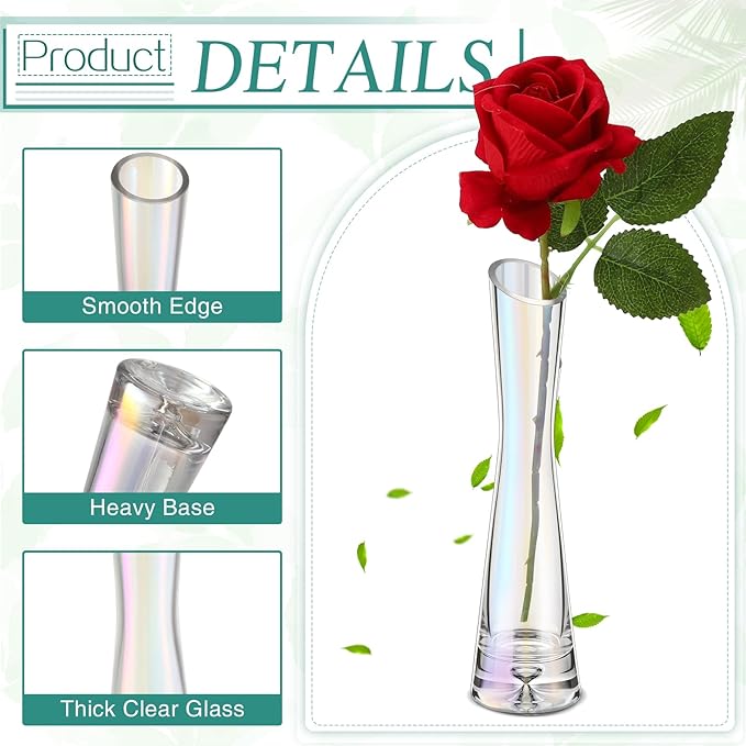 Lallisa 6 Pcs Glass Bud Vases for Centerpieces Maria Modern Clear Small Skinny Decorative Single Flower Bud Vase for Wedding Party Event Home Office Decoration(7.87 Inch,Iridescent)