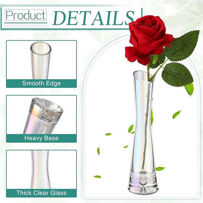 Lallisa 6 Pcs Glass Bud Vases for Centerpieces Maria Modern Clear Small Skinny Decorative Single Flower Bud Vase for Wedding Party Event Home Office Decoration(7.87 Inch,Iridescent)