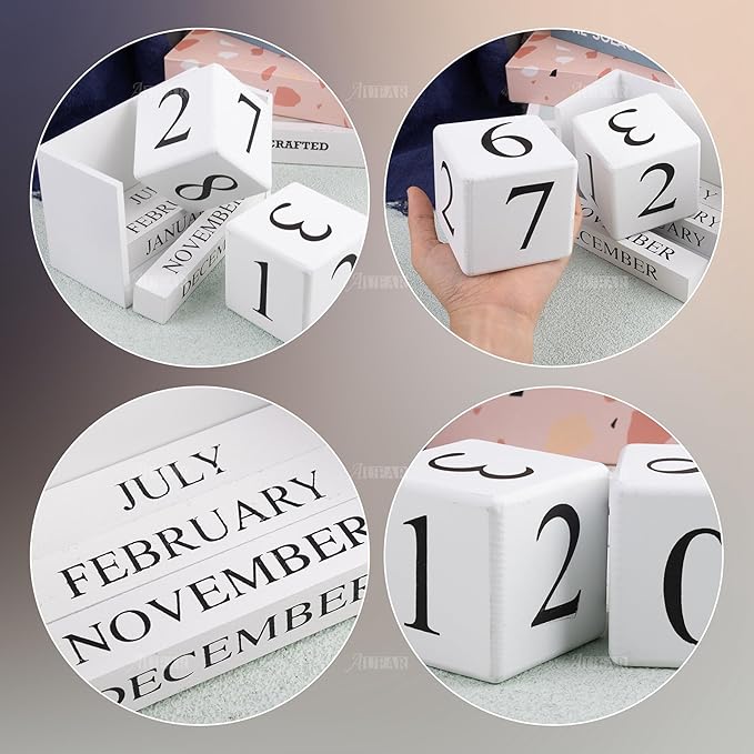 AUEAR, Wooden Block Perpetual Desk Calendar Desktop Cube Rustic Chic Number for Home Office Decoration Large (White)