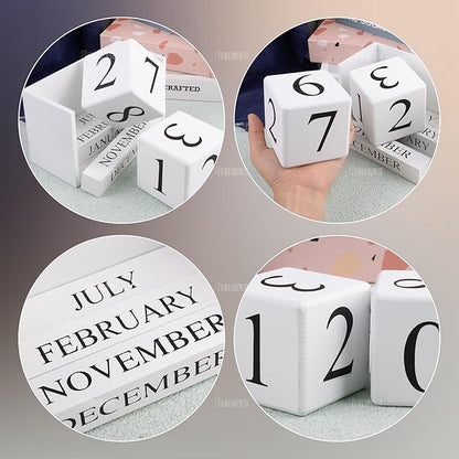 AUEAR, Wooden Block Perpetual Desk Calendar Desktop Cube Rustic Chic Number for Home Office Decoration Large (White)