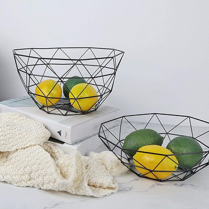 IBWell Geometric Metal Wire Fruit Bowl, Iron Arts Fruit Storage Baskets (Black, Large)
