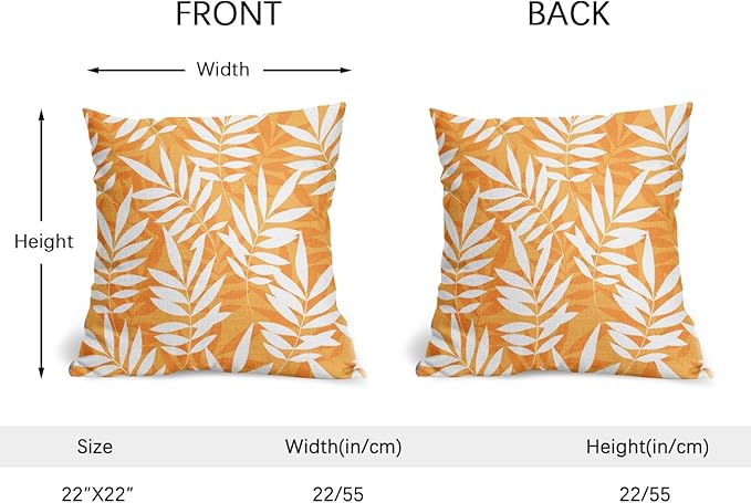 Fall Leaf Pillow Covers 22x22 Set of 2 Orange White Seasonal Autumn Leaves Rustic Decorative Square Throw Pillows Outdoor Pillowcase Farmhouse Linen Cushion Case Decor for Home Sofa Couch Bed
