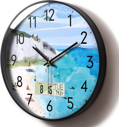 Silent Wall Clock with Temperature Day and Date Blue Mountain and Sea Beach Non-ticking Kitchen Clock Digital Large Display Battery Operated Clocks Decor for Bathroom Living Room Office 12 Inch