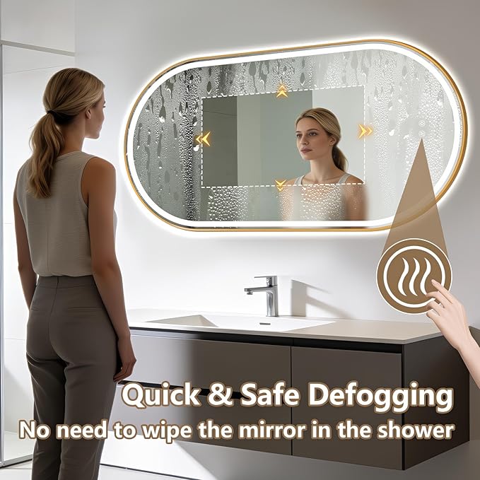 Niccy Oval LED Mirror for Bathroom, 55x28 Front Lit + Backlit Vanity Mirrors with Light Anti-Fog, Shatter-Proof, 3 Colors, Makeup Mirror with Old Gold Frame (Horizontal/Vertical)
