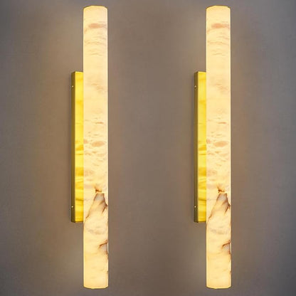 LMQNINE Natural Alabaster Wall Sconces Set of Two Spanish Marble Wall Light Cylinder Modern Gold LED Sconce for Living Room Bedroom Bathroo Stairs（L-2Pack）