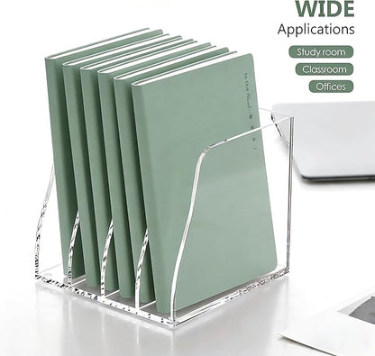 YUXUN Clear Acrylic File Folder Holder - 4 Vertical Compartments Desk Document Sorter, Upright Magazine Rack for Office/Home/Classroom, Stores Documents, Tablets, Magazines, Books & Accessories